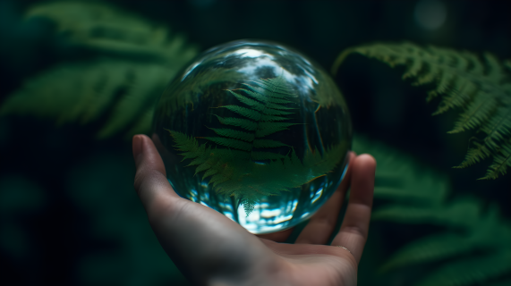透明霓虹玻璃球手持芦荟围绕的70mm风格摄影图