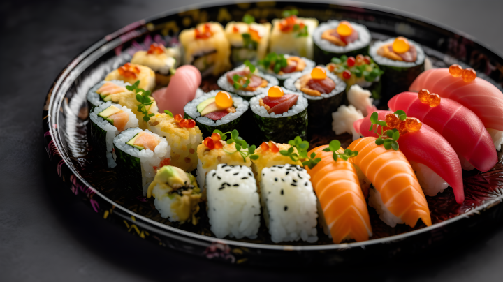 铝托盘上滚动的寿司点缀着深黄和浅粉色的装饰摄影版权图片下载