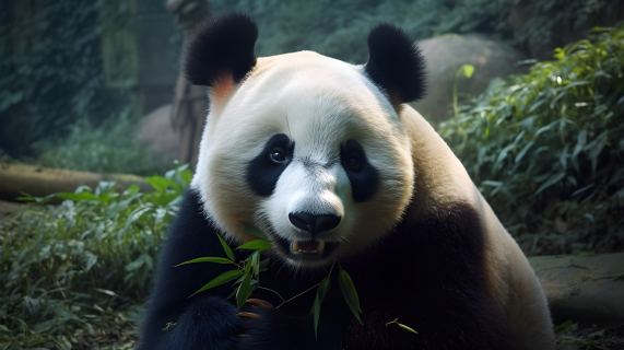 熊猫在植物旁享用美食的摄影图片