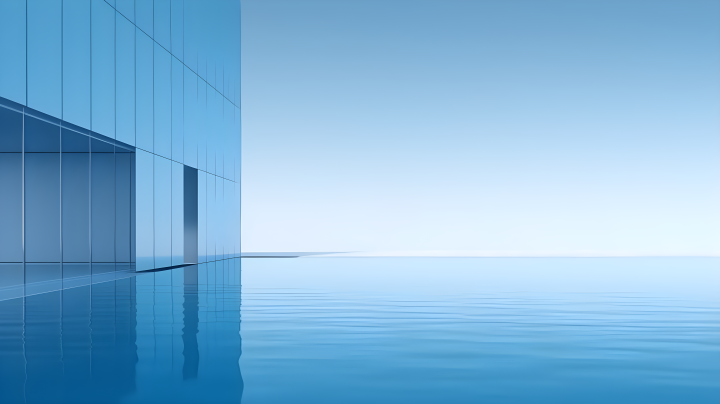 蓝色玻璃反射下的迷幻都市景观摄影图版权图片下载