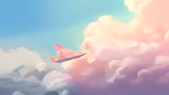 缤纷纸飞机在充满云朵的天空中高清图