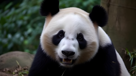 熊猫在植物旁吃食摄影图片