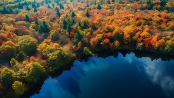 秋日湖泊色彩绚丽的航拍摄影图片