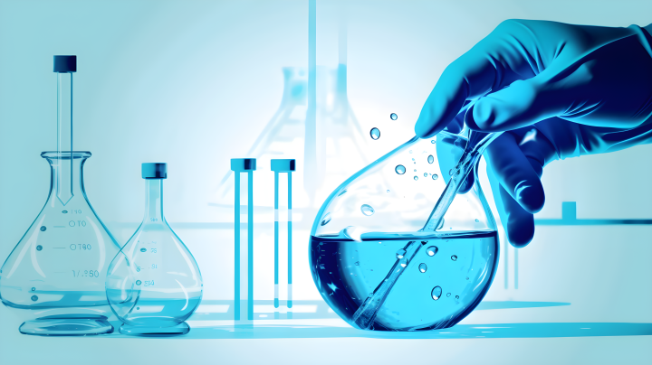 蓝色液体瓶中佩戴手套的科学图表摄影版权图片下载