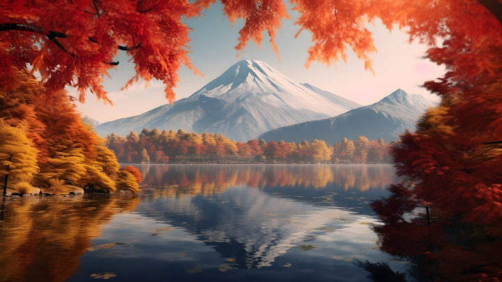 秋季枫叶湖泊富士山倒影摄影版权图片下载