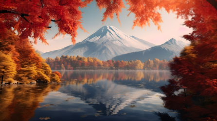 秋季枫叶湖泊富士山倒影摄影图片
