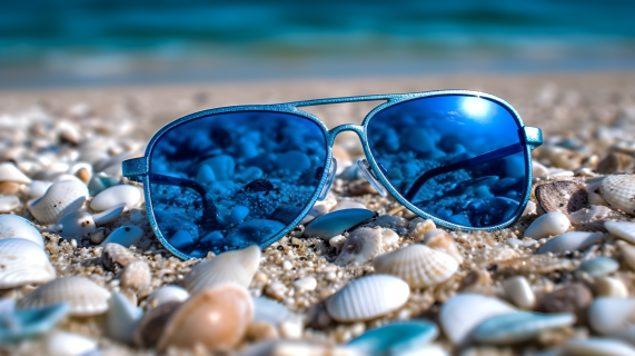 海滩上蓝色太阳镜坐落，被贝壳环绕的摄影图片