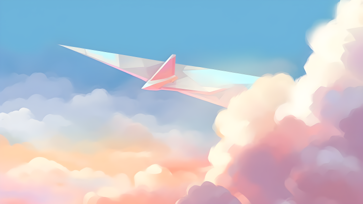 五彩纸飞机在充满云朵的天空中的高清图版权图片下载