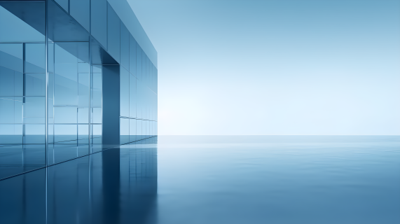 蓝色玻璃反射下的建筑迷雾摄影图