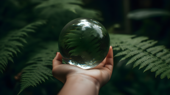 仙境之球：蕨丛环绕的多彩玻璃球摄影图