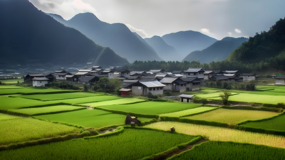 山村苍翠，稻田泛绿儒家意识形态的摄影图片