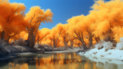 彩色黄树倒映水中，风景如画的摄影图片