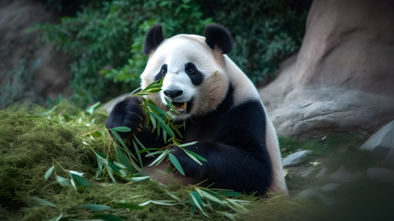 熊猫熊在展示区域吃草的摄影图片