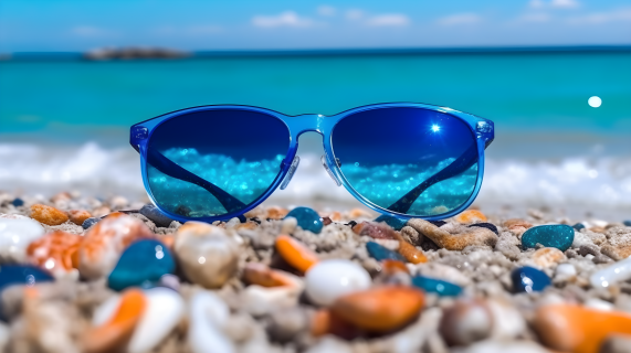 海滩上蓝色太阳镜坐落，被贝壳环绕的摄影图片