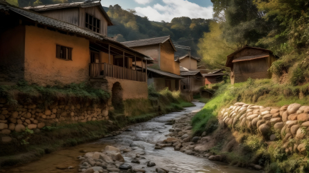 沿村庄小溪的光影之旅摄影图