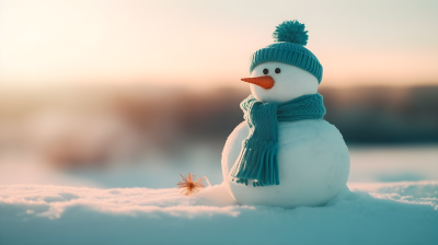 夕阳下的雪人蓝帽子摄影图片
