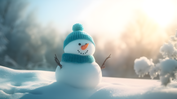 蓝帽雪人坐在雪地上摄影图