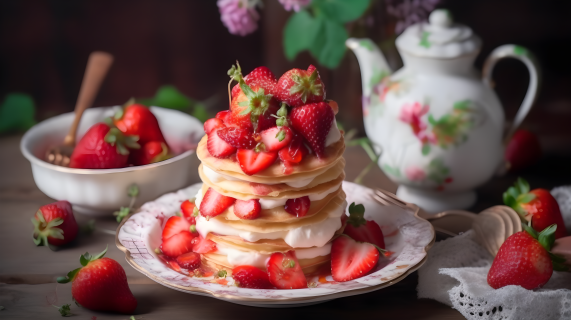 草莓装饰的美味煎饼摄影图片