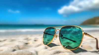 金色绿色太阳镜沉静在沙滩上，逼真的蔚蓝天空摄影图