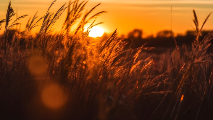 夕阳余晖照耀下的高草原摄影图版权图片下载