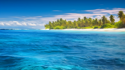 小岛上碧海蓝天绿树环绕摄影图片