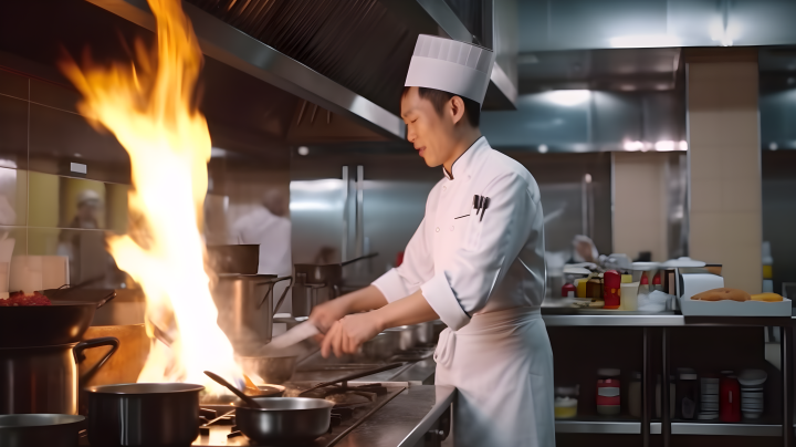 亚洲厨师在酒店后厨烹饪摄影版权图片下载
