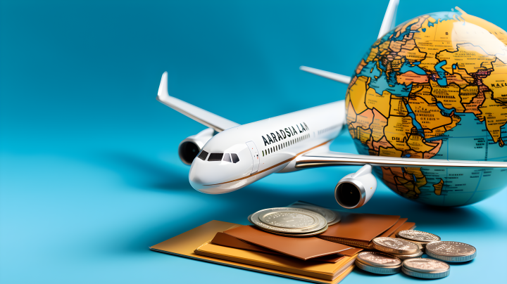 蓝色背景上的飞机、护照和小地球摄影版权图片下载
