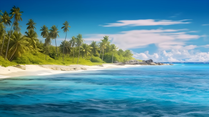 碧海蓝天绿树环绕的小岛摄影版权图片下载