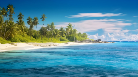 碧海蓝天绿树环绕的小岛摄影图片