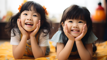 两个中国女儿手举笑容的摄影图片