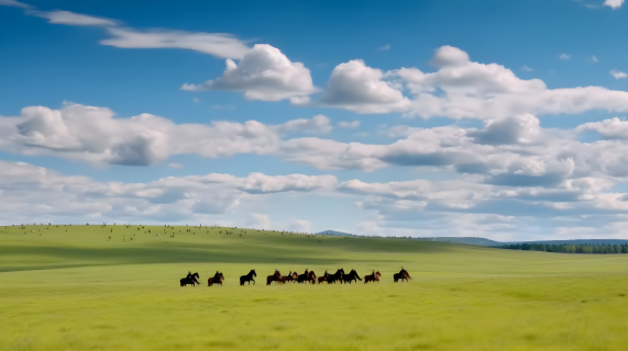 阳光草原上的马群摄影图片