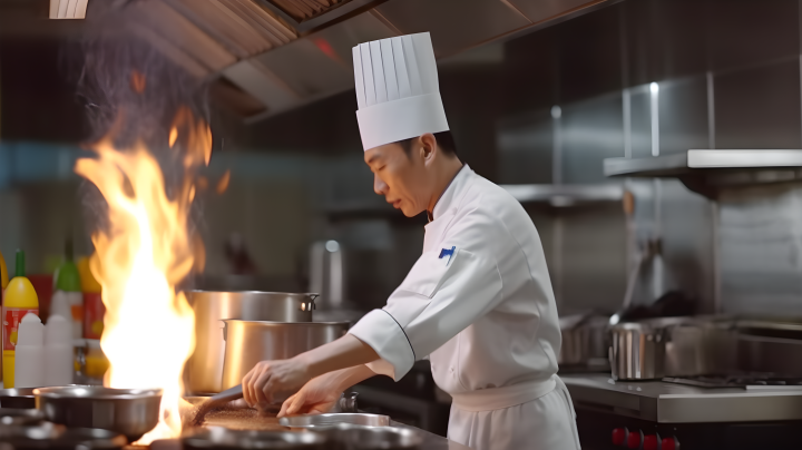 酒店厨房中的亚洲厨师摄影版权图片下载