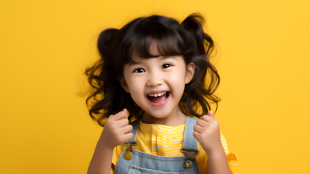 微笑的亚洲小女孩黄色背景下摄影图片