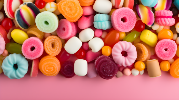 粉色背景下的多彩糖果摄影图片