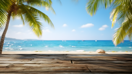 热带度假胜地海滩上的棕榈树蓝天碧海木质桌摄影图