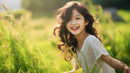 青草地上微笑的亚洲女孩摄影图