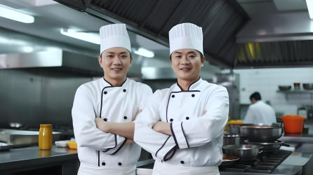 亮背景下的两位亚洲厨师摄影图片