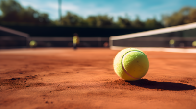 红土球场上的网球近景摄影图