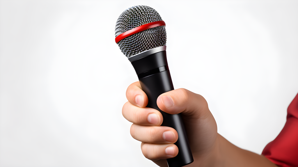 白底下拿着麦克风的摄影版权图片下载