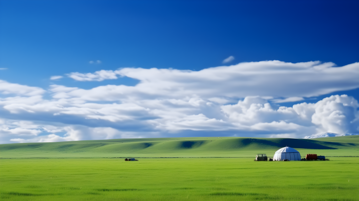 阳光草原上的白色蒙古包摄影版权图片下载