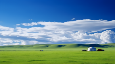 阳光草原上的白色蒙古包摄影图片