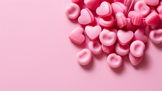 粉色背景上的粉色心形糖果摄影图片