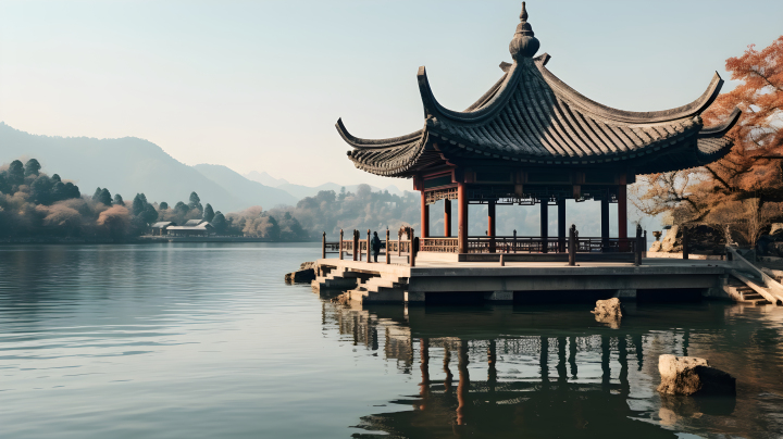 水畔北方中国风轻铜灰亚洲式亭台摄影图版权图片下载