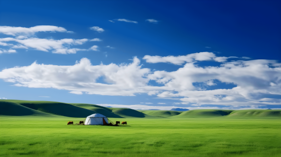 蓝天白云户外草原白色蒙古包摄影图片