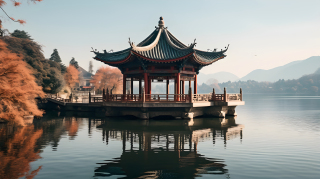 水边的亚洲风格展馆摄影图