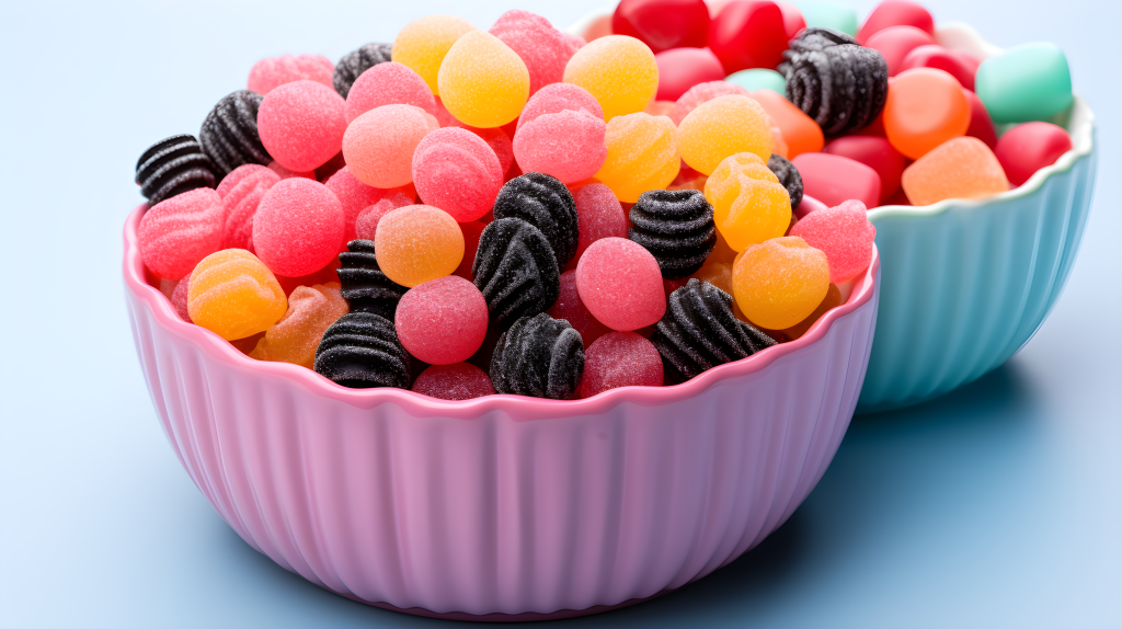 绚丽多彩的塑料碗里的糖果摄影版权图片下载