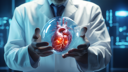 未来科幻风格医生手持数字心脏的摄影图片
