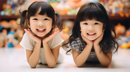 两位中国女孩手举笑容的摄影图片