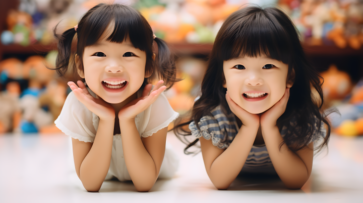 两位中国女孩手举笑容的摄影版权图片下载