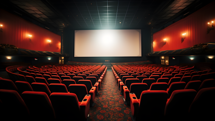 红色座椅白屏幕的电影院摄影版权图片下载